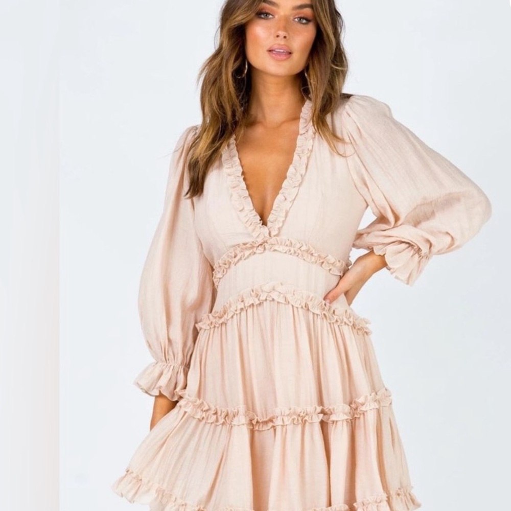 Princess Polly Melina Mini Festival CottageCore Ruffle Peach Pink L/S Dress Sz 2
